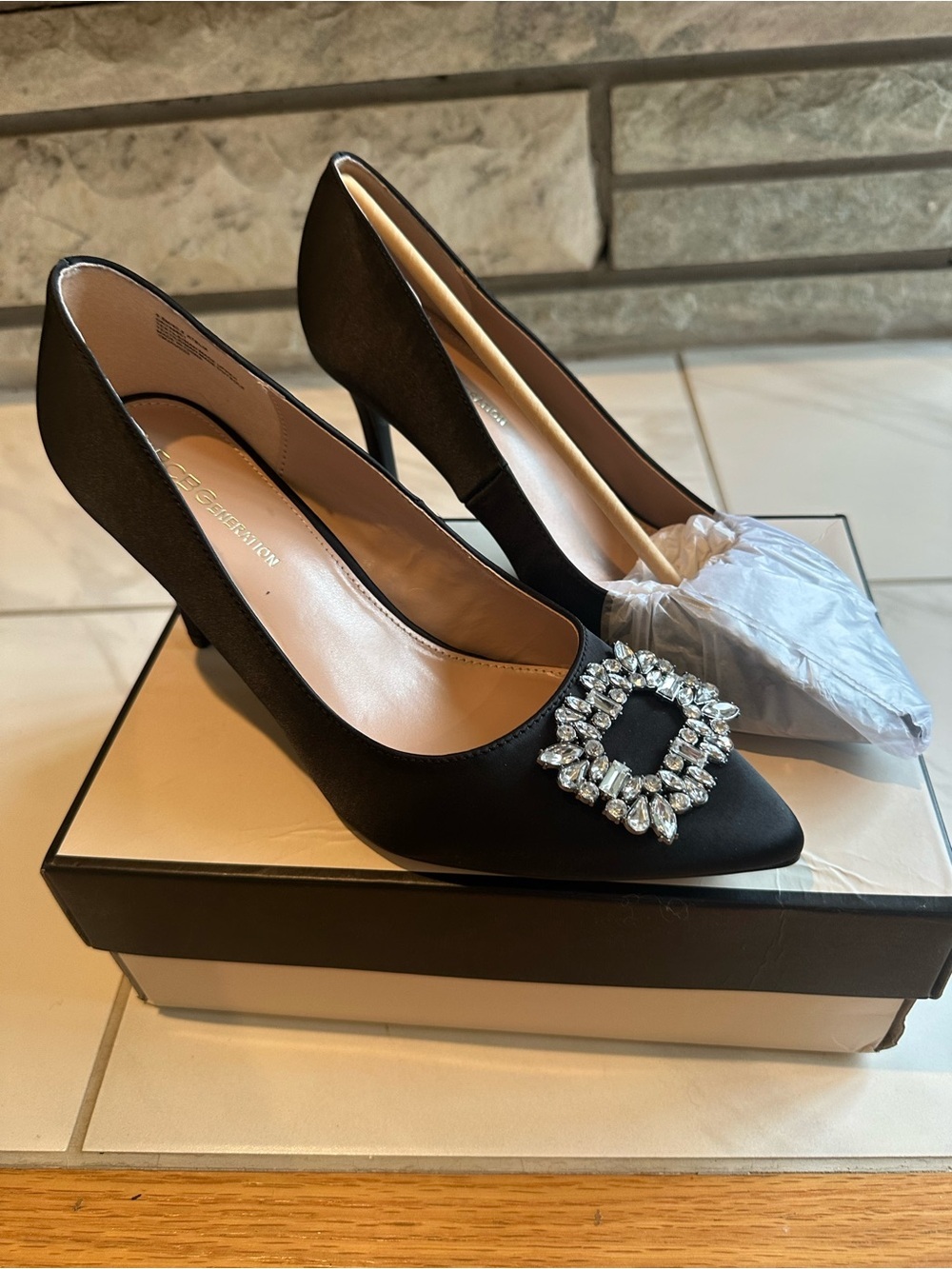 BCBG Generation Women’s Black Satin Rhinestone Buckle Pointed Toe Pumps 9.5